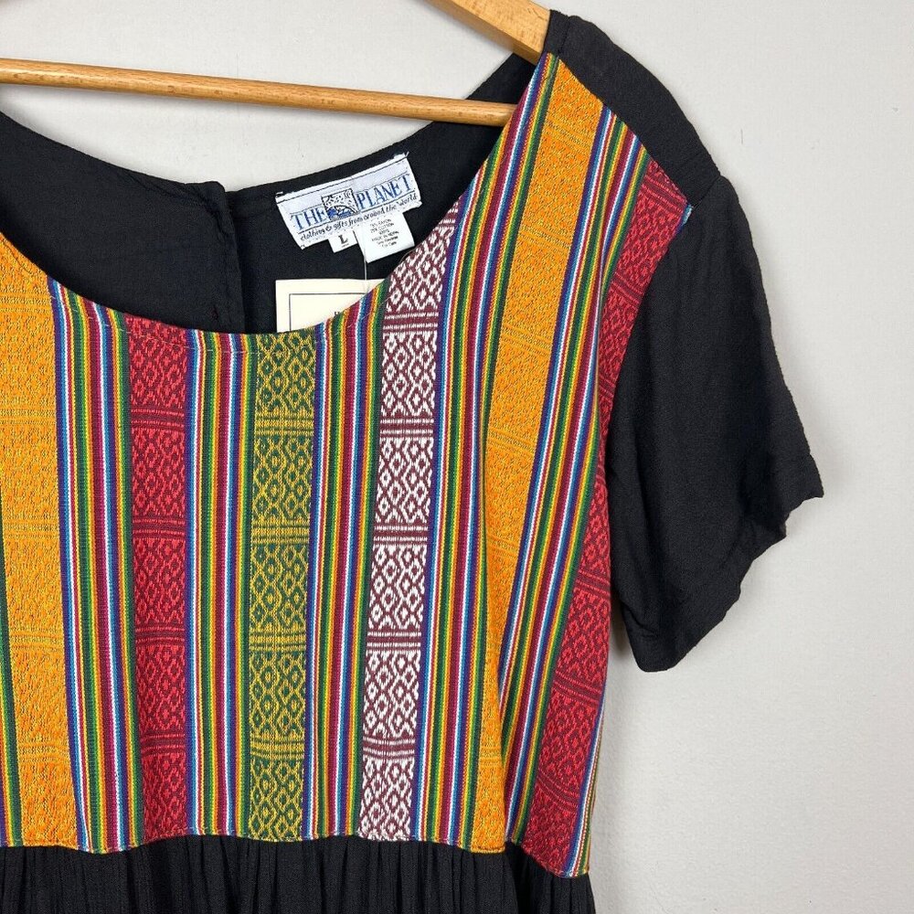 The Planet Maxi Dress Large Black Multicolor Nepal Gauze Peasant Hippie Boho New - Picture 6 of 14